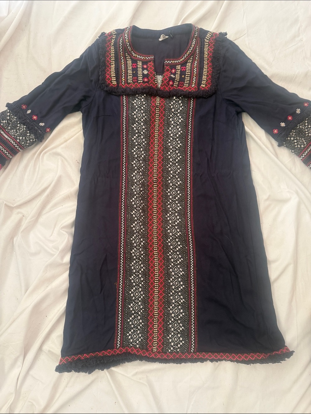 Anthropologie Navy Embroidered Long-Sleeve Folk Dress